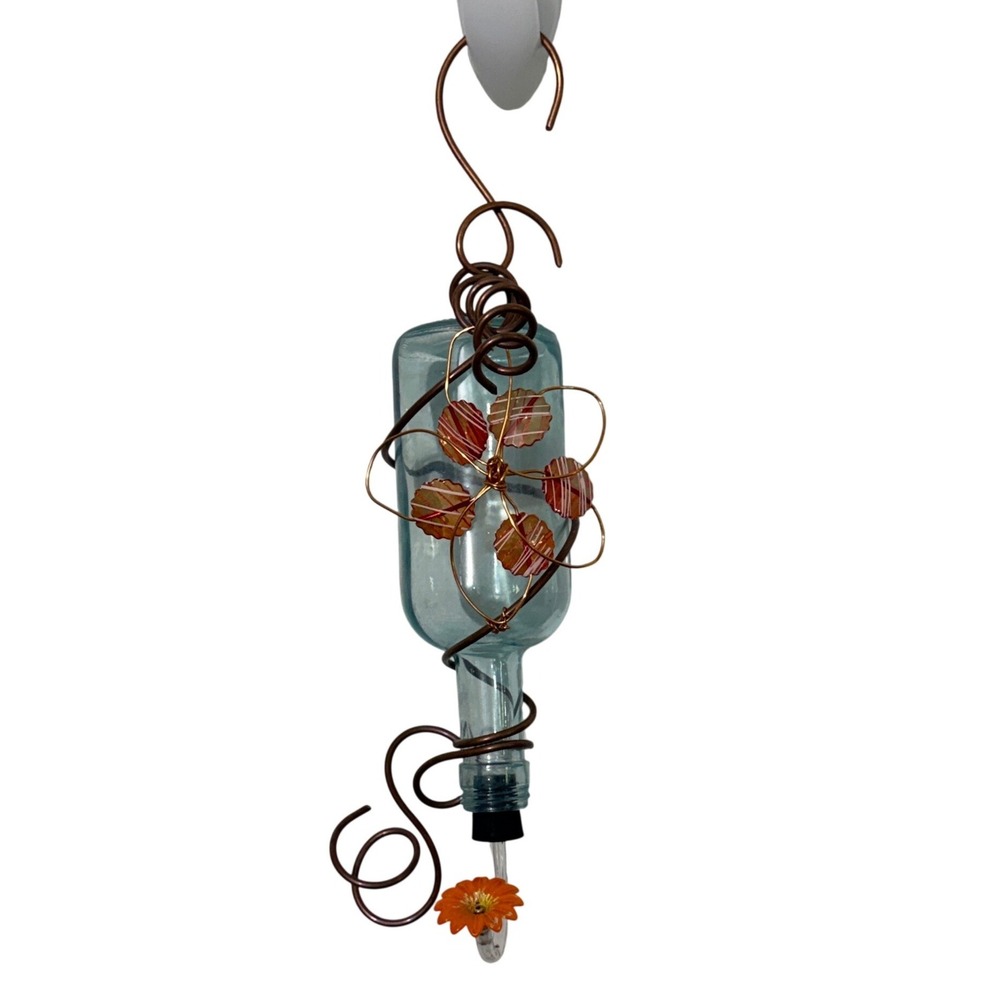 Hummingbird Feeder  Blue Copper Wire Wrapped Glass Flower